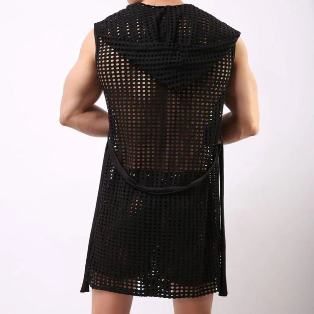 Men Robes Brand Male Sexy Bathrobe Sleepwear Sleeveless Bath Robe Sleep Lounge Badjas Cutout Cardigan Loungewear Mesh Menswear Street King Limited