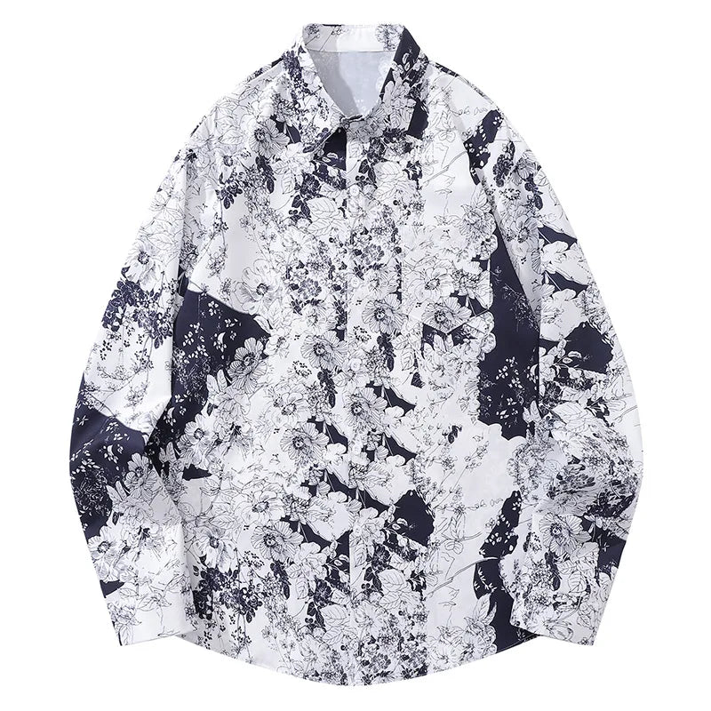 Men's Floral Printed Shirt Spring Autumn Long-Sleeved Lapel Tops Retro Hip-Hop Loose Streetwear Oversized Single-Breasted Shirt Street King Limited