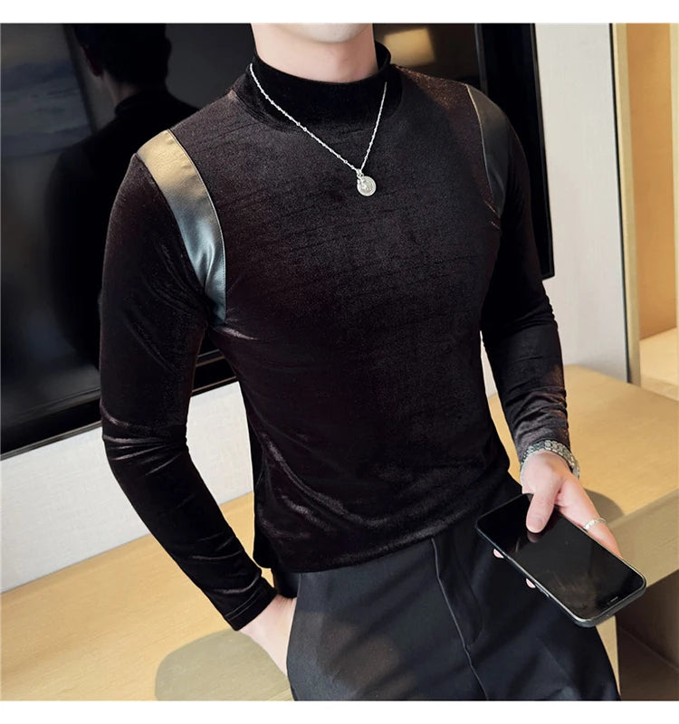 Turtleneck Stretch Slim-fit T-shirt Men Long Sleeve Thicken Elastic Velvet Retro Fashion Casual Tshirt Handsome Man T Shirts Street King Limited