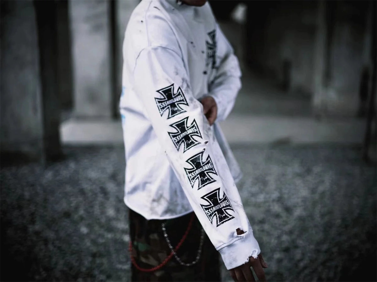 sssaint Louis Vintage Dirty Worn Distressed Cross Print High-Street Graffiti Long Sleeve T Shirt Pullover Summer Street King Limited