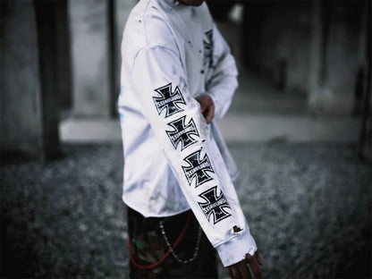 sssaint Louis Vintage Dirty Worn Distressed Cross Print High-Street Graffiti Long Sleeve T Shirt Pullover Summer Street King Limited