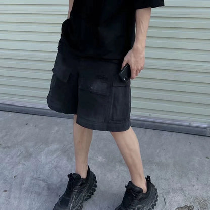 Vintage Ripped Damaged Black Cargo Shorts for Men High Street Wide Leg Baggy Overalls Distressed Summer Knee Length Pants Street King Limited