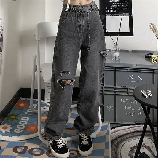 xpqbb vintage streetwear dark gray jeans women y2k high waist ripped denim trousers female 2022 new design loose wide leg pants vintage washed jeans