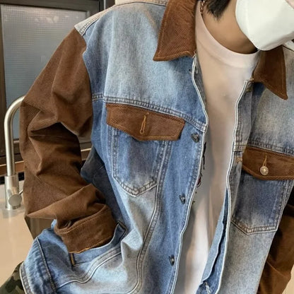 mens patchwork denim jacket spring trend korean retro college lapel color blocked couple coats 2024 high street cowboy cardigan unique jeans style 3358
