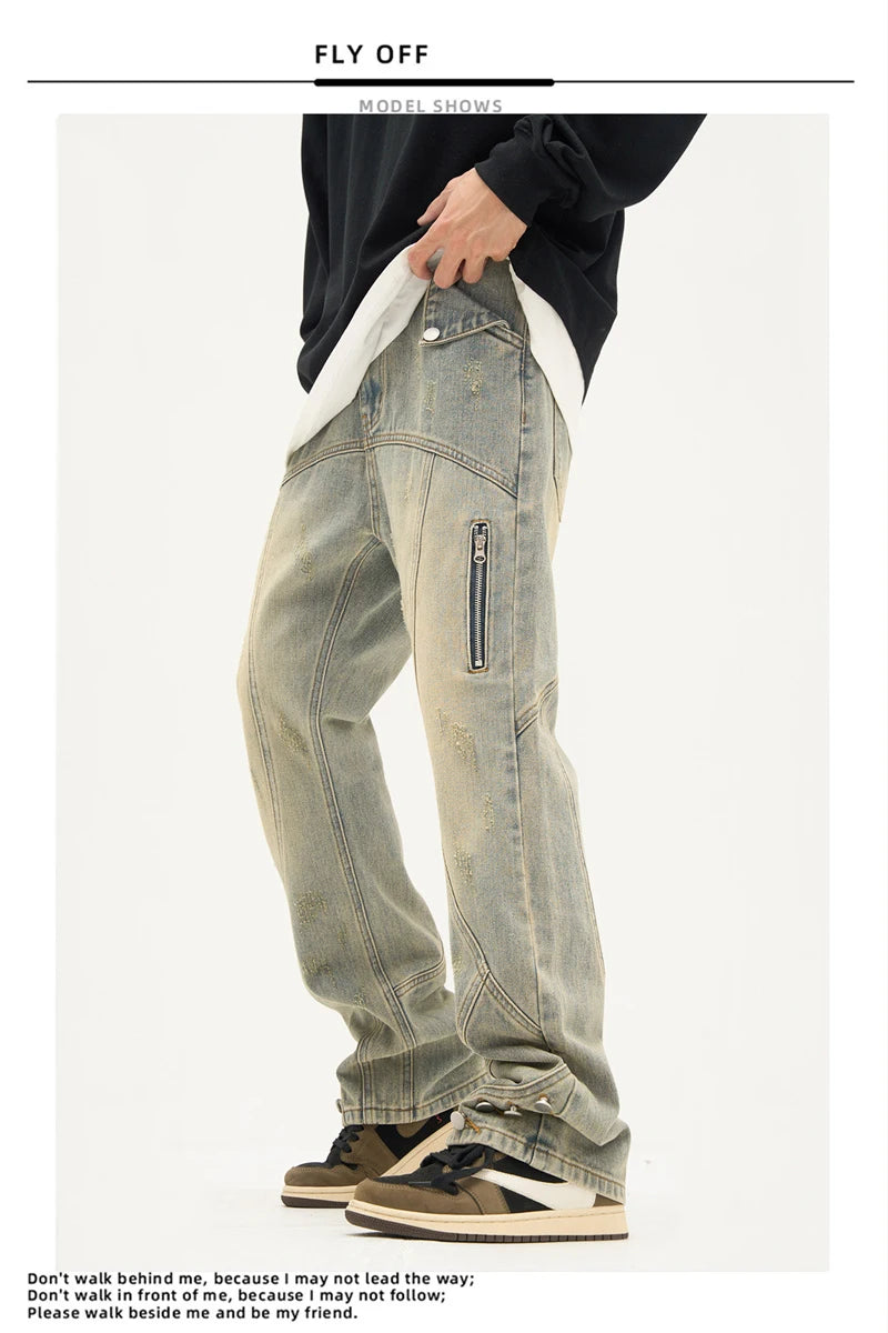 american high street retro straight jeans men casual patchwork y2k denim pants hip hop streetwear zipper baggy cargo jean unique cargo style 3122