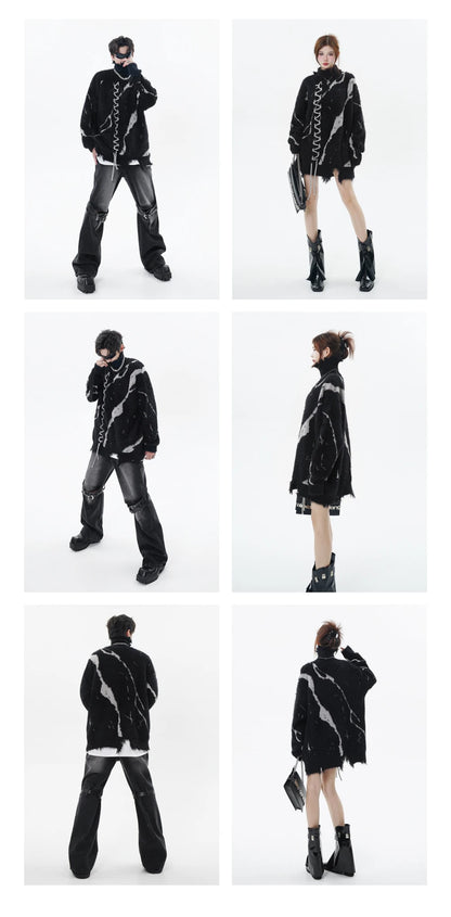 Distressed Splicing Turtleneck Sweaters Men Women Pullover Knit Sweater Jumper Fall Winter Hip Hop Streetwear Black Sweater Y2K Street King Limited