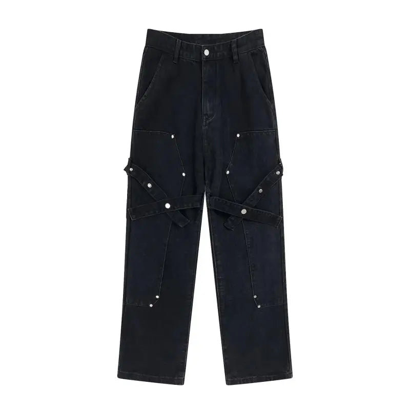fashion knee adjust belt decoration denim jeans zipper straight jeans hip hop streetwear mens casual loose joggers jeans pants urban active pants