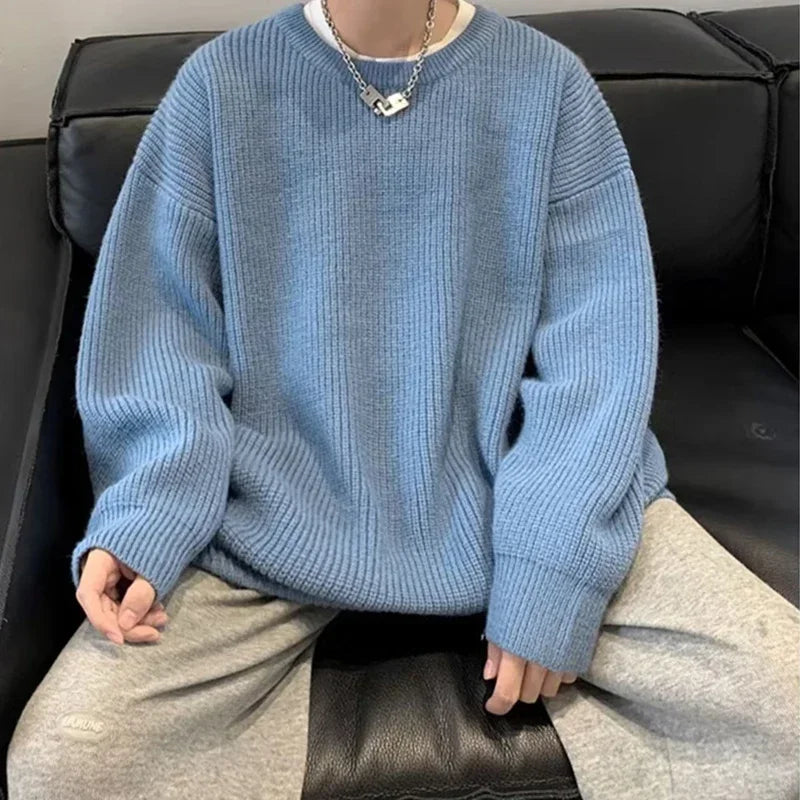 2023 Autumn Crew Neck Solid Color Pullover Sweaters For Men Casual Y2K Knitted Sweater High Street Fashion Jumpers Hombre Street King Limited
