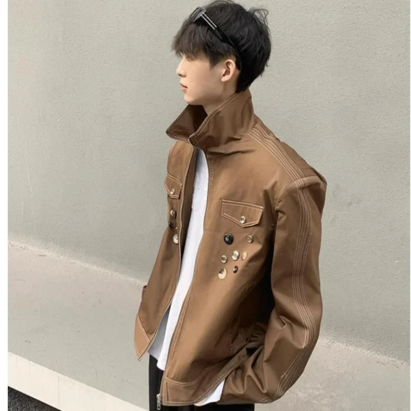 spring retro irregular button mens jacket shoulder pad design trend high street coats motorcycle fashion stand collar outwear relaxed fit trousers