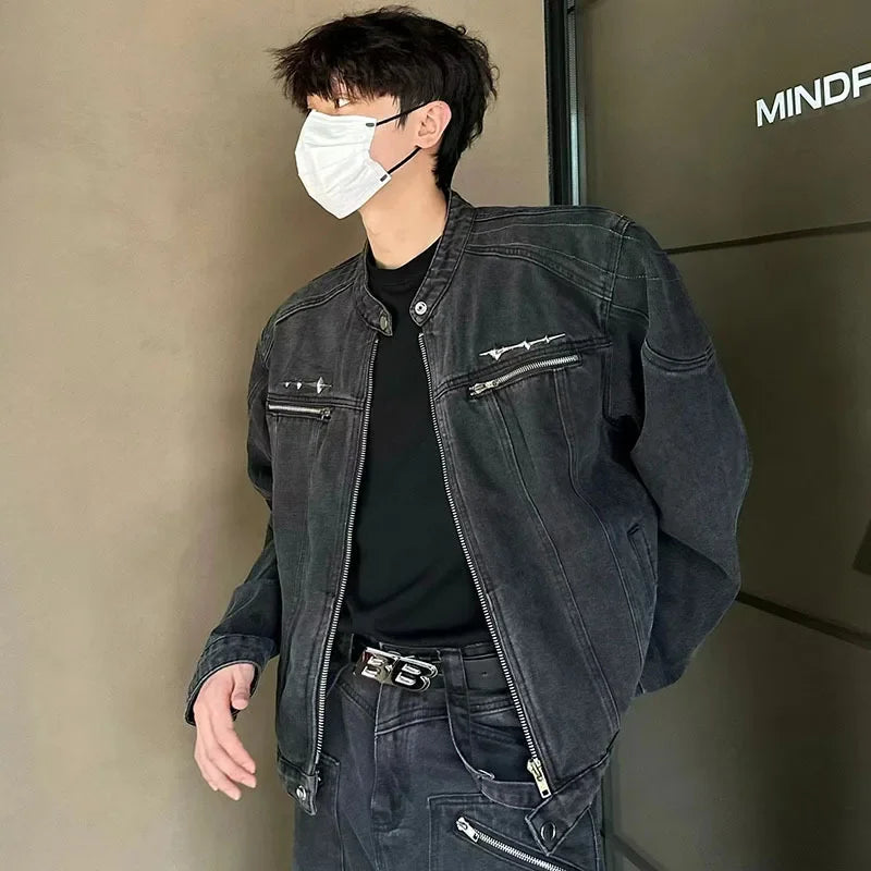 male denim jackets high street shoulder pad design patchwork solid men short coats american style loose short outwear zipper unique jeans style 3945
