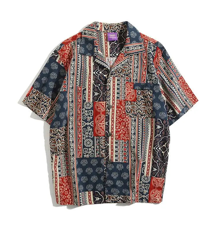 Korean Hawaiian Cuban collar retro printed shirt men American handsome simple casual versatile loose beach short-sleeved shirt Street King Limited
