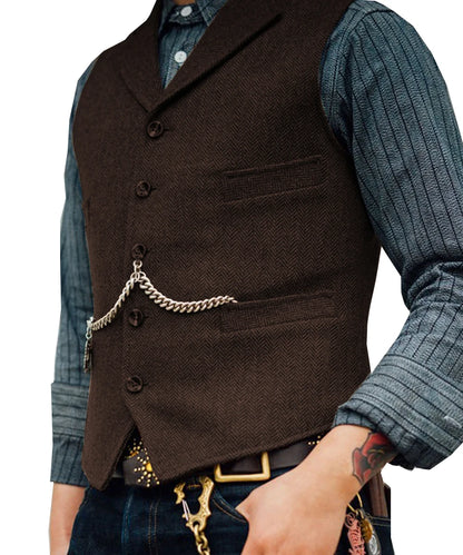 Business Mens Suit Vest Lapel V Neck Wool Herringbone Casual Brown Waistcoat Casual Formal Groomsman Jacket For Wedding Street King Limited