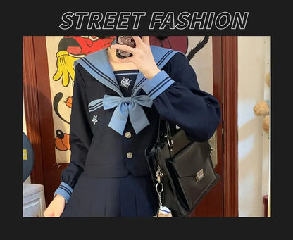 Student Union JK Uniform Sailor Suit Blue Skirt Long Sleeve Navy Collar Bow Tie Two Colors Two-piece Set Vitality Kawaii Street King Limited