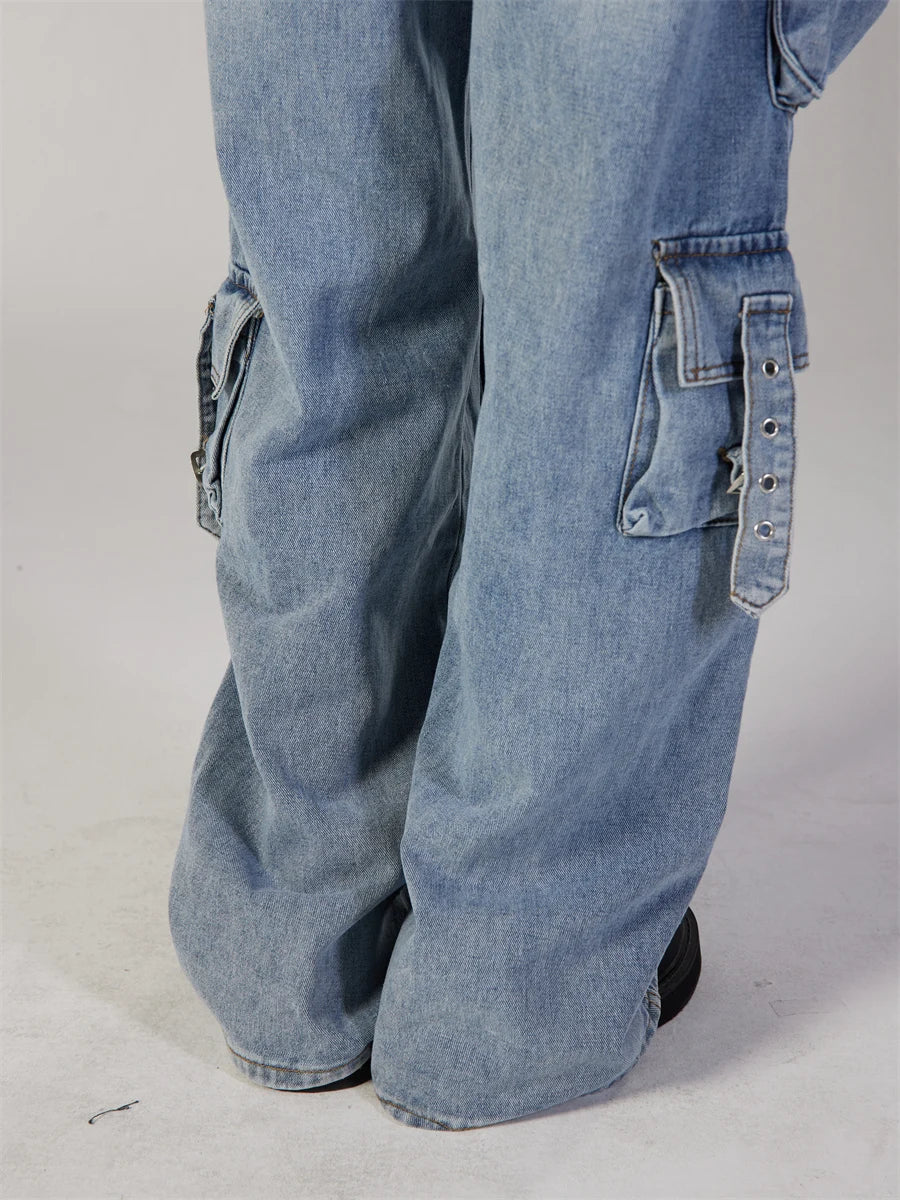 fashion loose streetwear cargo denim jeans unisex casual multi pocket straight jean pants with belt hip hop joggers baggy jeans unique joggers style 2699