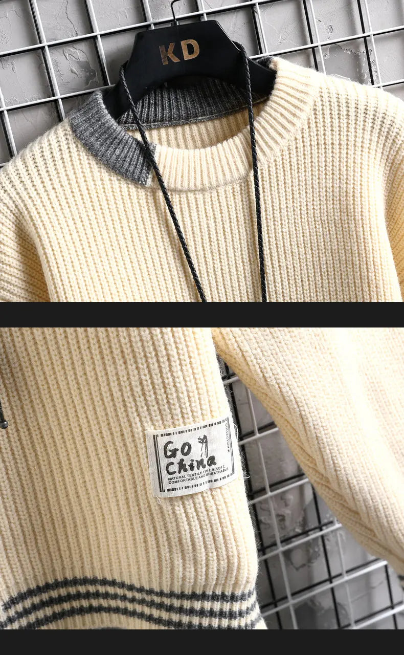 Autumn Winter Men Sweater Warm Top New Fashion Stitching Color Matching Pullover Round Neck Sweater Thickened Knitted Sweater Street King Limited