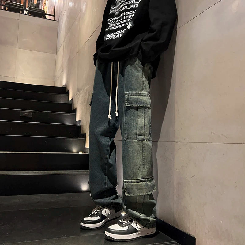 Washed Distressed Cargo Pants High Street Style Men's Jeans Side Pockets Denim Wide-leg Trousers Casual Loose Trousers Street King Limited