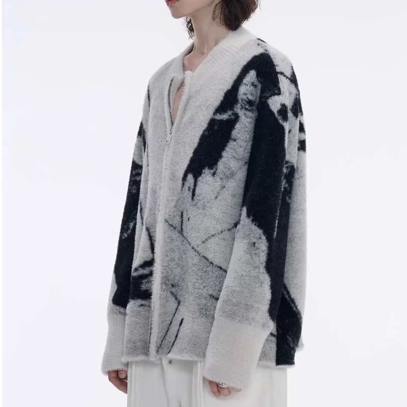 Color Blocked Gradient Cardigan Mens Imitation Mink Fur Jacquard Trend Couple Knitted Jacket Zipper High Street Sweater Coats Street King Limited