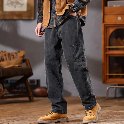 men retro fashion streetwear loose casual plus size straight denim cargo jeans pants man black gray jeans trousers baggy cargo bottoms