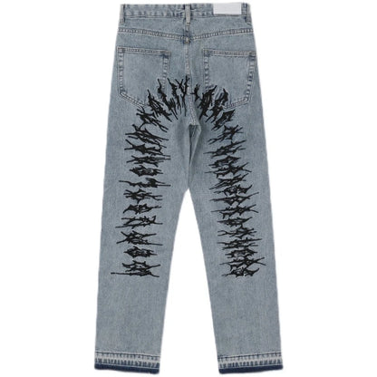 fashion back letters embroidery denim jeans mens casual zipper straight harajuku jean trouser hip hop streetwear pants joggers casual joggers