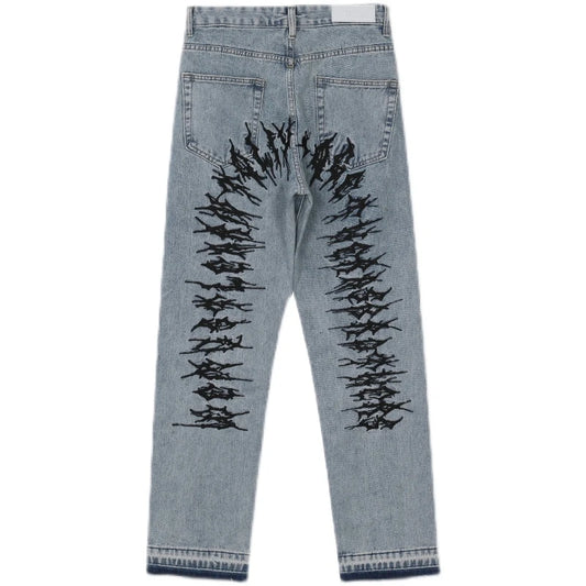 fashion back letters embroidery denim jeans mens casual zipper straight harajuku jean trouser hip hop streetwear pants joggers casual joggers