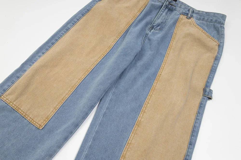 new contrast color pockets washed blue baggy denim trousers mens and women straight patchwork loose casual jeans oversize cargos combat utility trousers