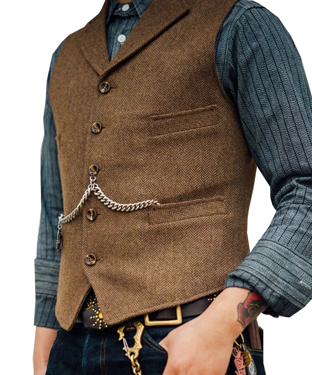 Business Mens Suit Vest Lapel V Neck Wool Herringbone Casual Brown Waistcoat Casual Formal Groomsman Jacket For Wedding Street King Limited