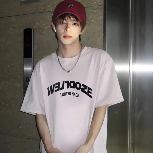 Summer Korean Letter Simple Printed Short-sleeved T-shirt Loose Ins Trend Men's Retro Street Hip-hop Half-sleeved Tops Street King Limited