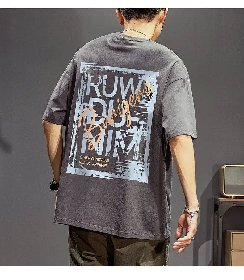 Cotton short-sleeved t-shirt men's ins trendy summer American hip-hop national trend printed loose youth white tops men clothing Street King Limited