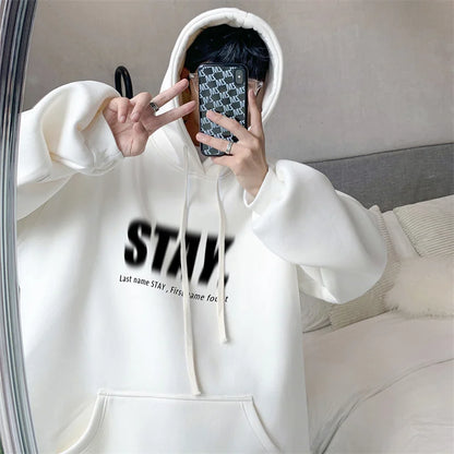New in Letter STAY Print Sweatshirts Men Casual Vintage Fleece Pullovers Hoodies Autumn Y2K Streetwear Baggy Hoody Clothes Street King Limited
