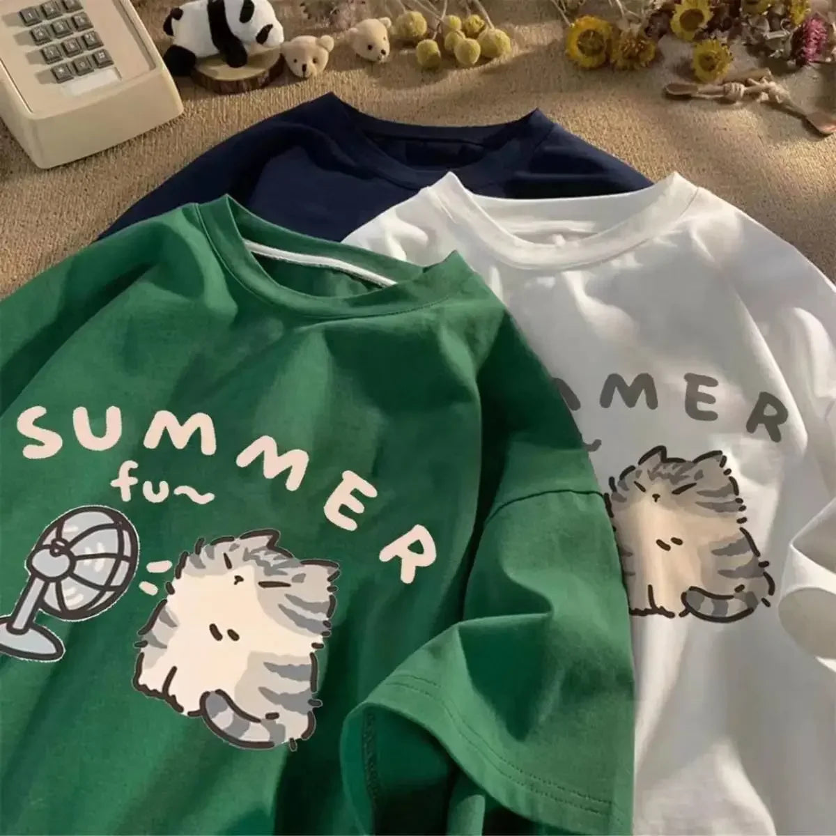 American Street Creative Blow Fan Cat Print Cotton T-shirt for Men and Women Summer Y2K Loose Couple Wear Round Neck INS Top Street King Limited