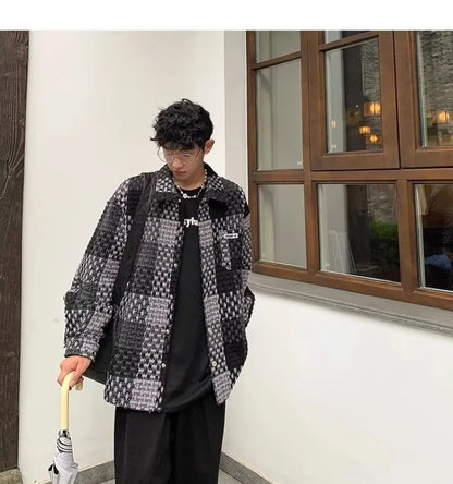 high street lattice mens jackets woven fabric single breasted loose harajuku shirt coats letter embroidered casual male tops unique default style 1813