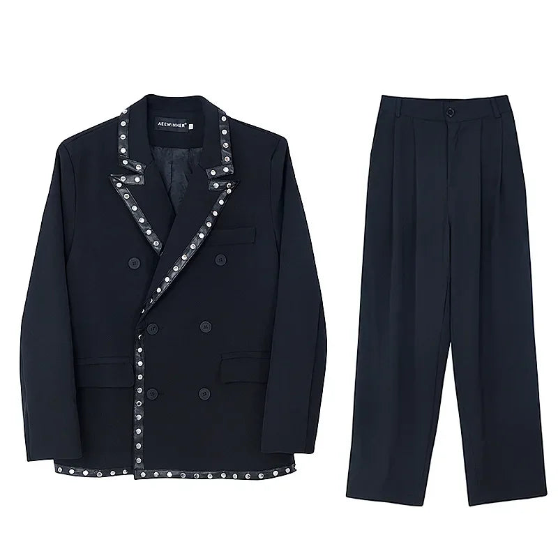 men streetwear fashion loose casual rivet hip hop party dress 2 piece suits blazers jacket pant sets stage clothing costume unique default style 1518