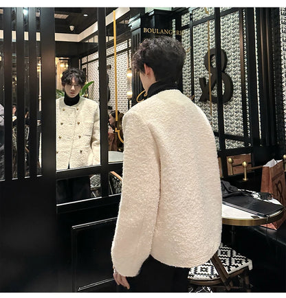 men french fashion retro double breasted woolen loose casual short jacket man autumn winter korean streetwear thicken coat top unique shorts style 1429