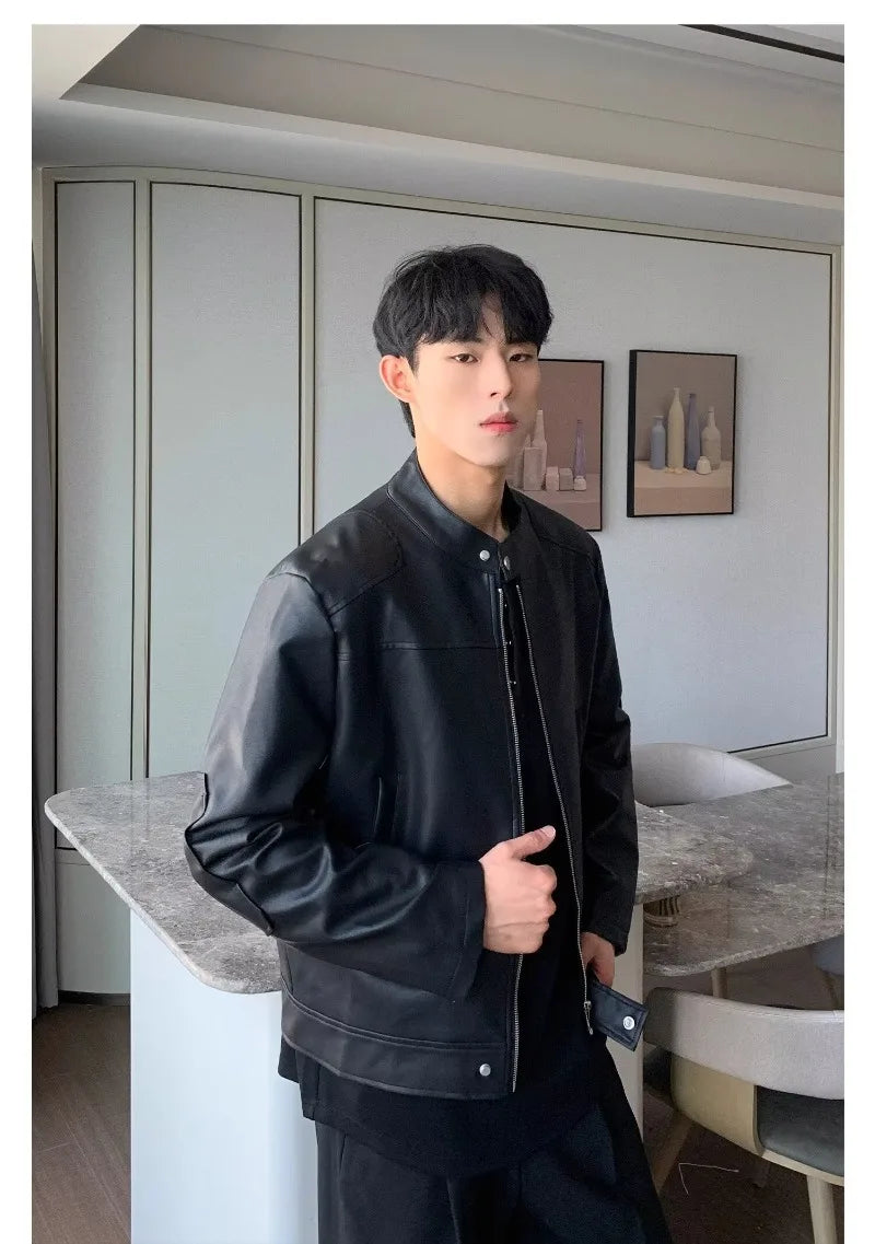 retro american street leather jacket mens autumn 2024 motorcycle standing collar trendy short coat zipper loose bomber outwear unique shorts style 2655