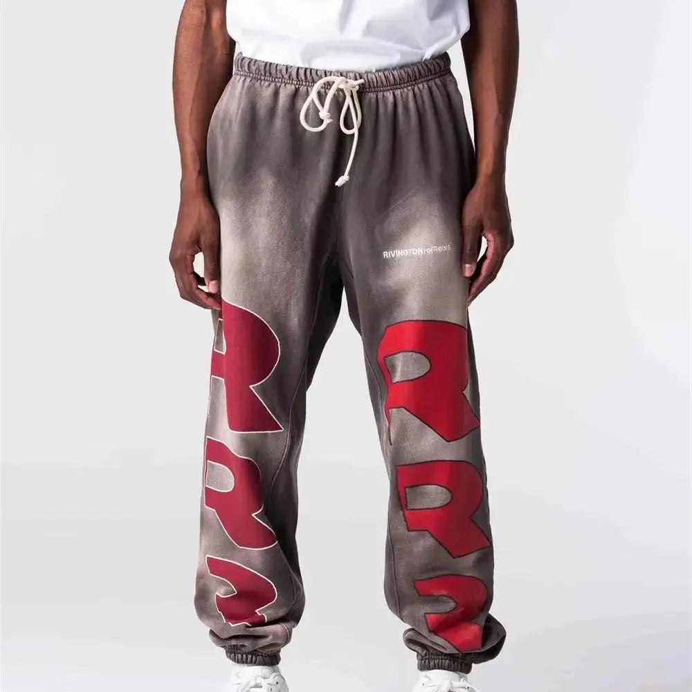RRR123 24FW Sunshine Wash Brown Flower Grey Loose Drawstring Feet Guard Pants Street King Limited