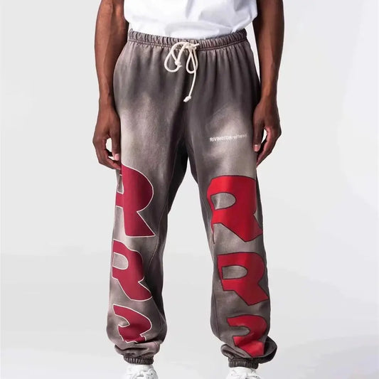 RRR123 24FW Sunshine Wash Brown Flower Grey Loose Drawstring Feet Guard Pants Street King Limited