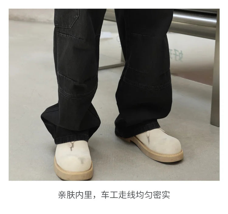 men american streetwear fashion loose casual hip hop wide leg black denim baggy jeans pants man y2k cargo jeans trousers unique cargo style 2225