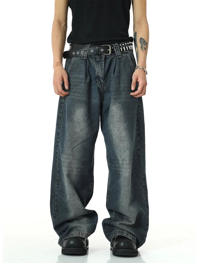 mens high street loose denim jeans unisex casual straight zipper jeans hip hop streetwear casual wide legs joggers baggy jeans streetwear sweatpants