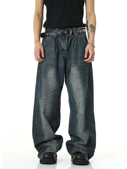 mens high street loose denim jeans unisex casual straight zipper jeans hip hop streetwear casual wide legs joggers baggy jeans streetwear sweatpants