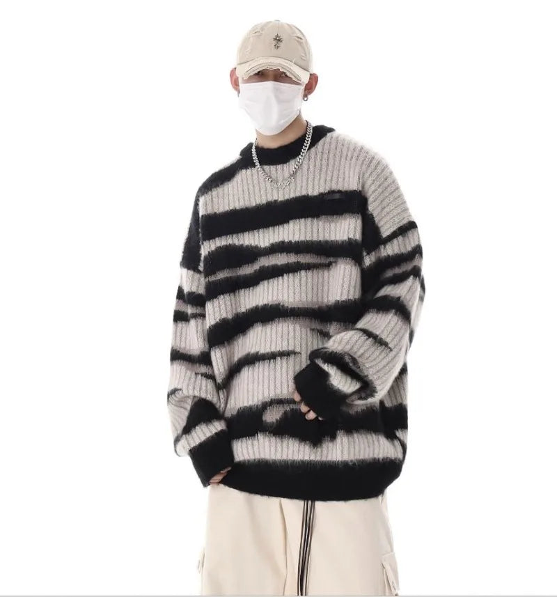 korean hip hop set men striped vintage knit sweater drawstring big pocket cargo pants 2 pcs set spring college casual suit 2024 unique cargo style 4322