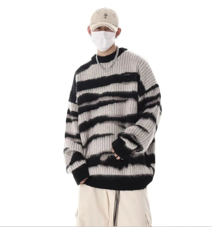 korean hip hop set men striped vintage knit sweater drawstring big pocket cargo pants 2 pcs set spring college casual suit 2024 unique cargo style 4322