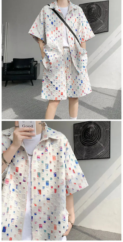 Summer Sets Men Fashion Short Sleeved Shirt Shorts Two-piece Men Korean Loose Hollow Out Set Mens Short Sets Plus Size M-5XL Street King Limited