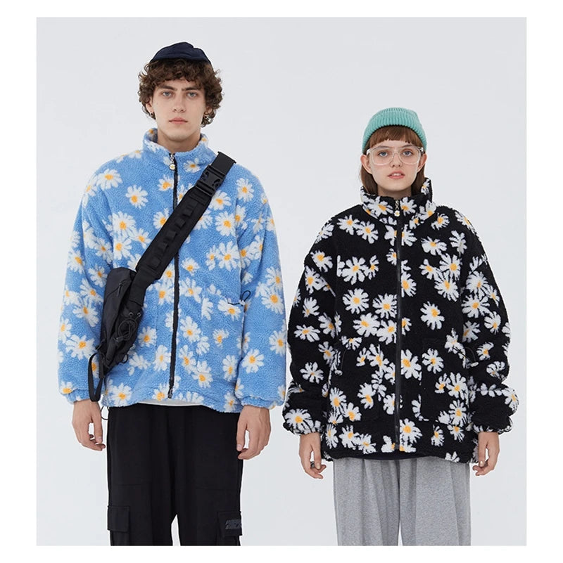 rainbowtouches cotton padded thick parkas jackets streetwear hip hop daisy print fleece warm full zip coats harajuku outwear unique default style 4401