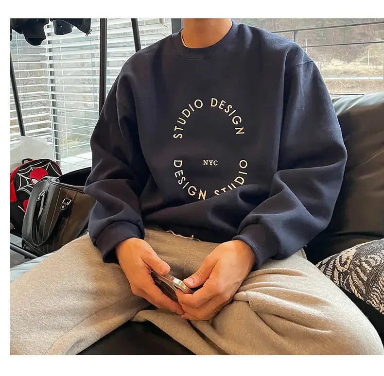 Cotton 2024 autumn and winter Korean style round neck sweatshirt men trendy brand handsome ins loose letter print top jacket emo Street King Limited
