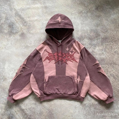Y2k Patch Design Loose Zip Hoodies for men Geometric Pattern Splicing Sweatshirt Gothic Streetwear Oversized Casual Men Clothing Street King Limited