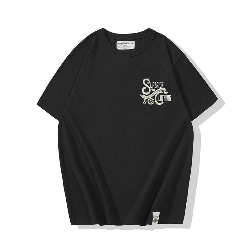 Vintage Amekaji Letter Printed T-shirt Men 2022 Spring Summer New Round Neck Short Sleeve Motorcycle T Shirt Cotton Tees Street King Limited