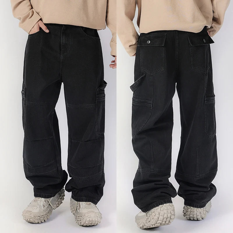 men american streetwear fashion loose casual hip hop wide leg black denim baggy jeans pants man y2k cargo jeans trousers multi-pocket cargos