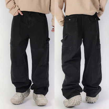 men american streetwear fashion loose casual hip hop wide leg black denim baggy jeans pants man y2k cargo jeans trousers multi-pocket cargos