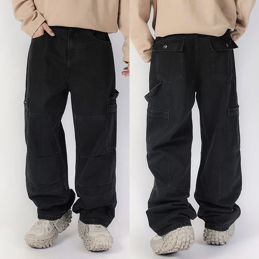 men american streetwear fashion loose casual hip hop wide leg black denim baggy jeans pants man y2k cargo jeans trousers multi-pocket cargos