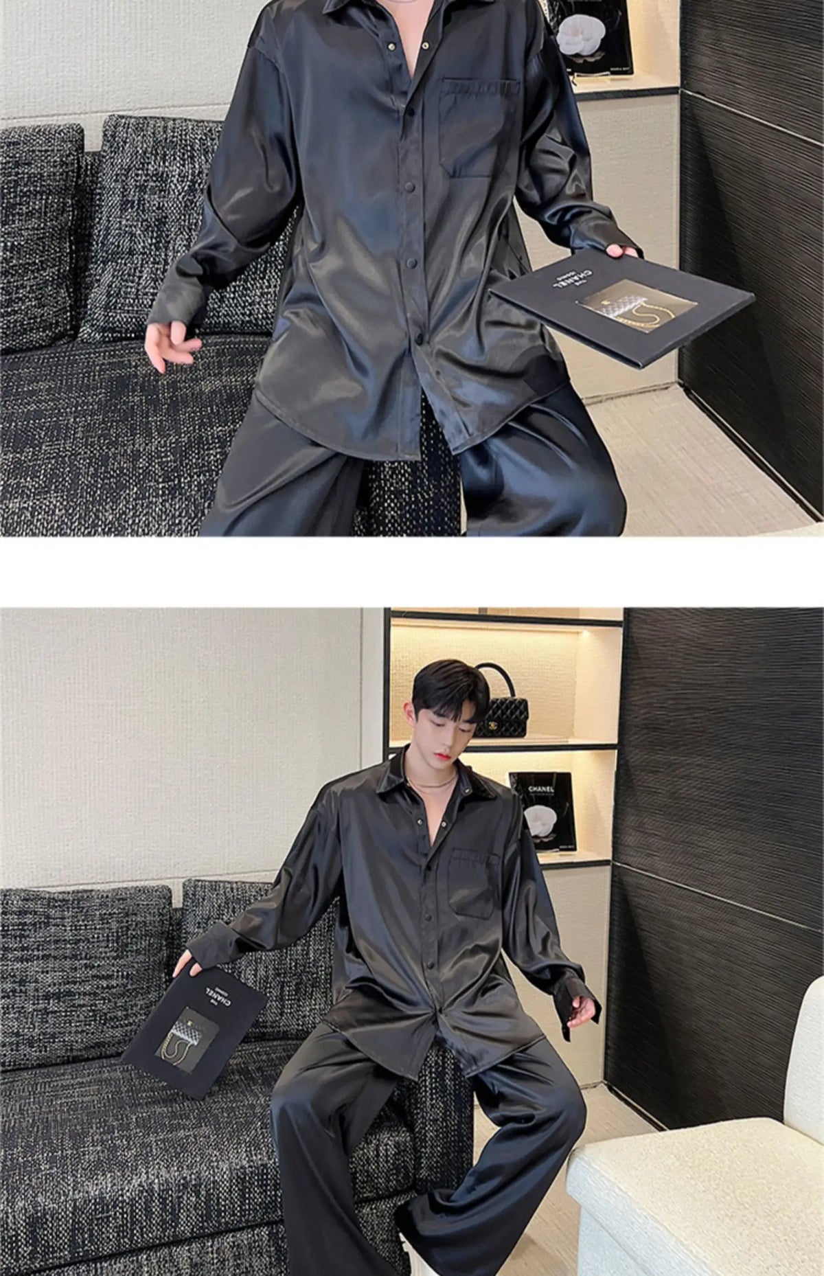 men silk style streetwear fashion loose casual long sleeve shirts pants 2 pieces sets male vintage suits blouses trousers unique default style 2744